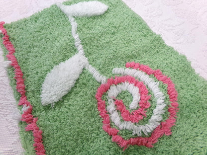 Pink Lollipop Flower Vintage Style Chenille Fabric Apple Green 22 x 27" Sewing Material
