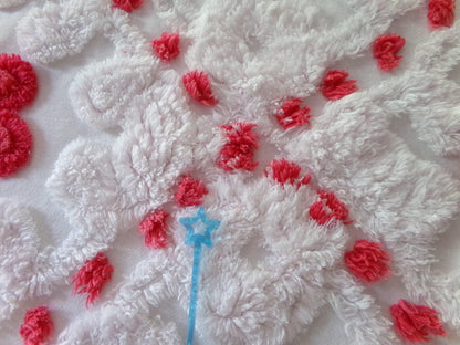Roses in Snow Vintage Chenille Fabric, Red & White Plush Swirl 18" x 21" Inch Piece