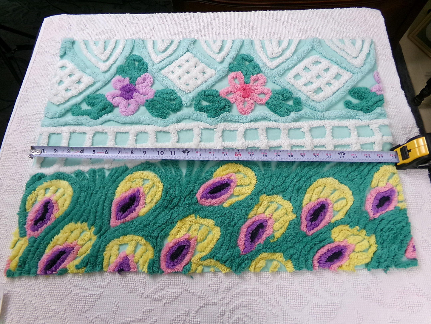 vintage seafoam chenille bedspread fabric, plush peacock feathers & tropical florals, 19" x 26" piece