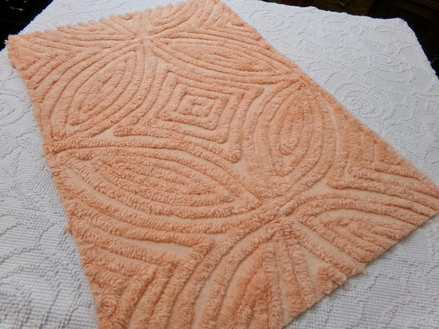 Peach Plush Vintage Chenille Fabric, tufted wedding ring design, sewing craft quilt material, 18" x 25" piece