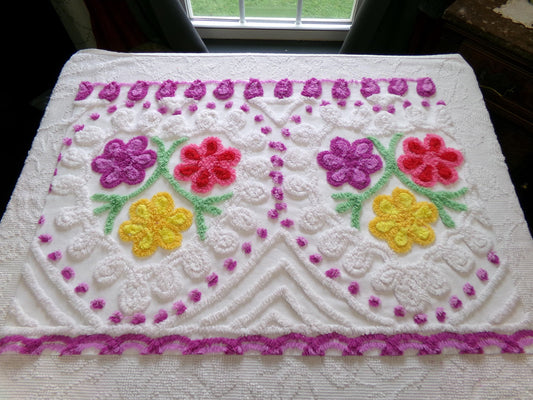 vintage chenille fabric w/ happy rainbow flowers: colorful 19" x 27" piece for quilting, sewing, arts & crafts