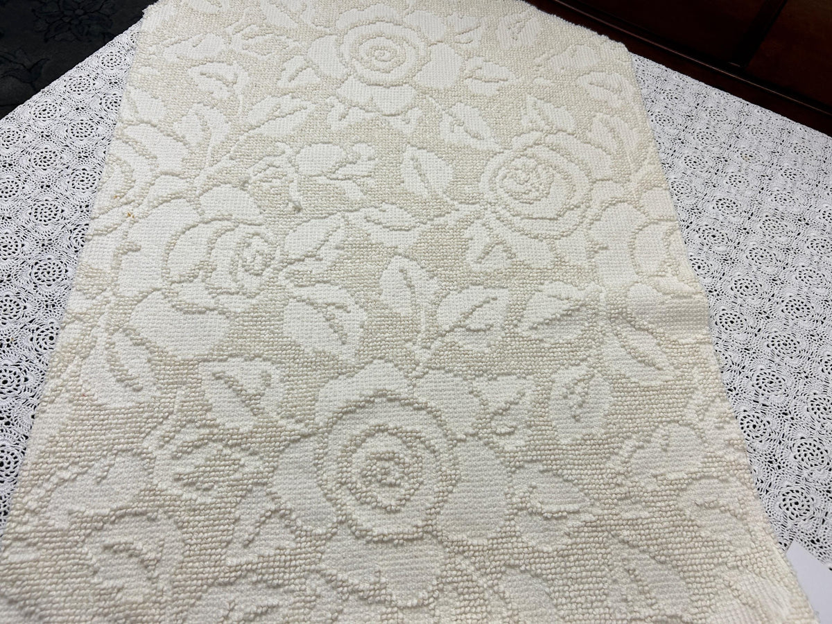 Cream White Vintage Chenille Fabric, Cabbage Roses, 20x30" Hobnail Woven Pc
