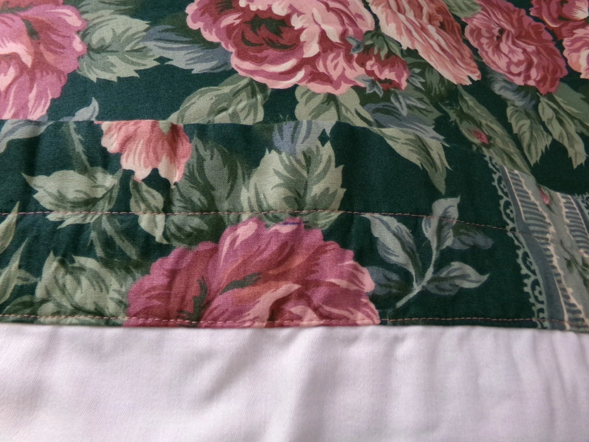 Vintage Rose Curtain Drapery Panel, Deep Green Lined SINGLE Window Drape 82"L