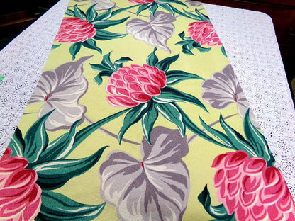 Vintage Barkcloth Fabric, Bold Pink Ginger Bloom Florals, Gray Tropical Elephant Ears 21" x40"