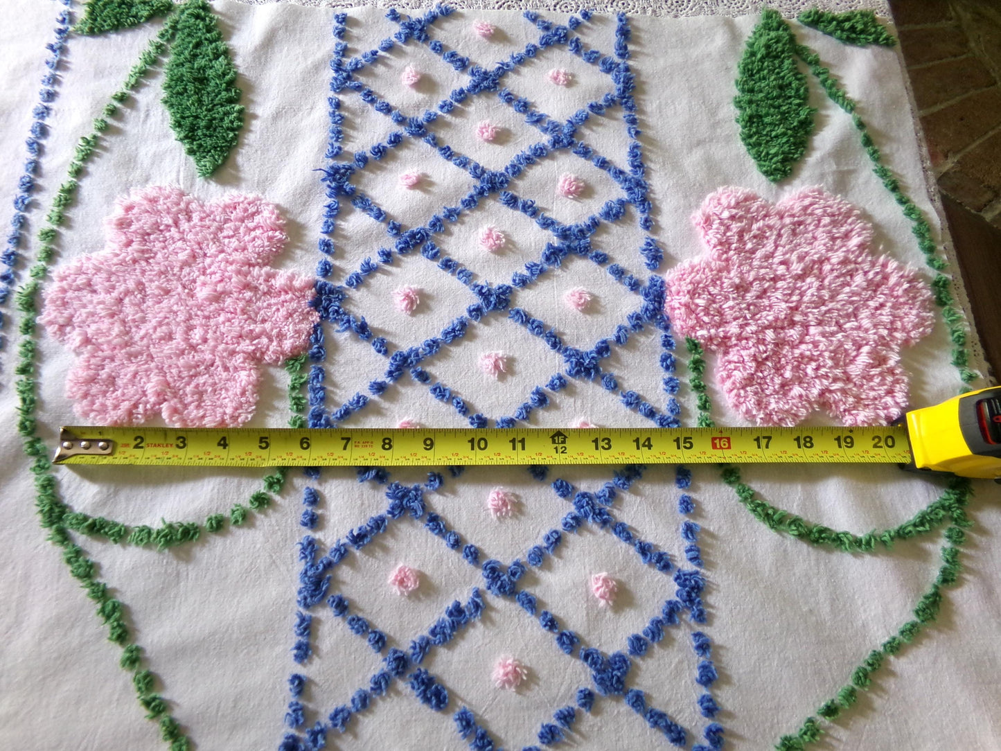 Jumbo Pink Flowers Vintage Chenille Material, 33" x 22" inch Fabric Piece, Blue Diamonds Tufts with Victorian Fringe Edge, Exquisite Design