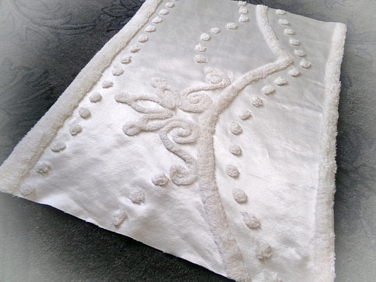 Tufted White Satin Vintage Chenille Bedspread Fabric, Shabby Romantic 19x24"