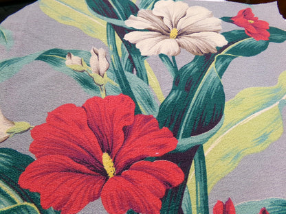 Bold Vintage Barkcloth Fabric Hawaii Hibiscus Pattern Gray Red Cream 19" x 27"