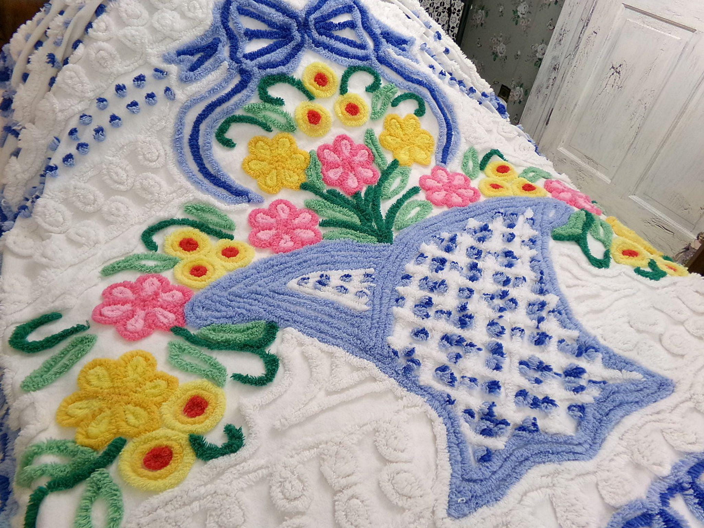 bring me joy vintage chenille bedspread, colorful sprawling blue flower basket on white, retro cottage style full size cotton bedding