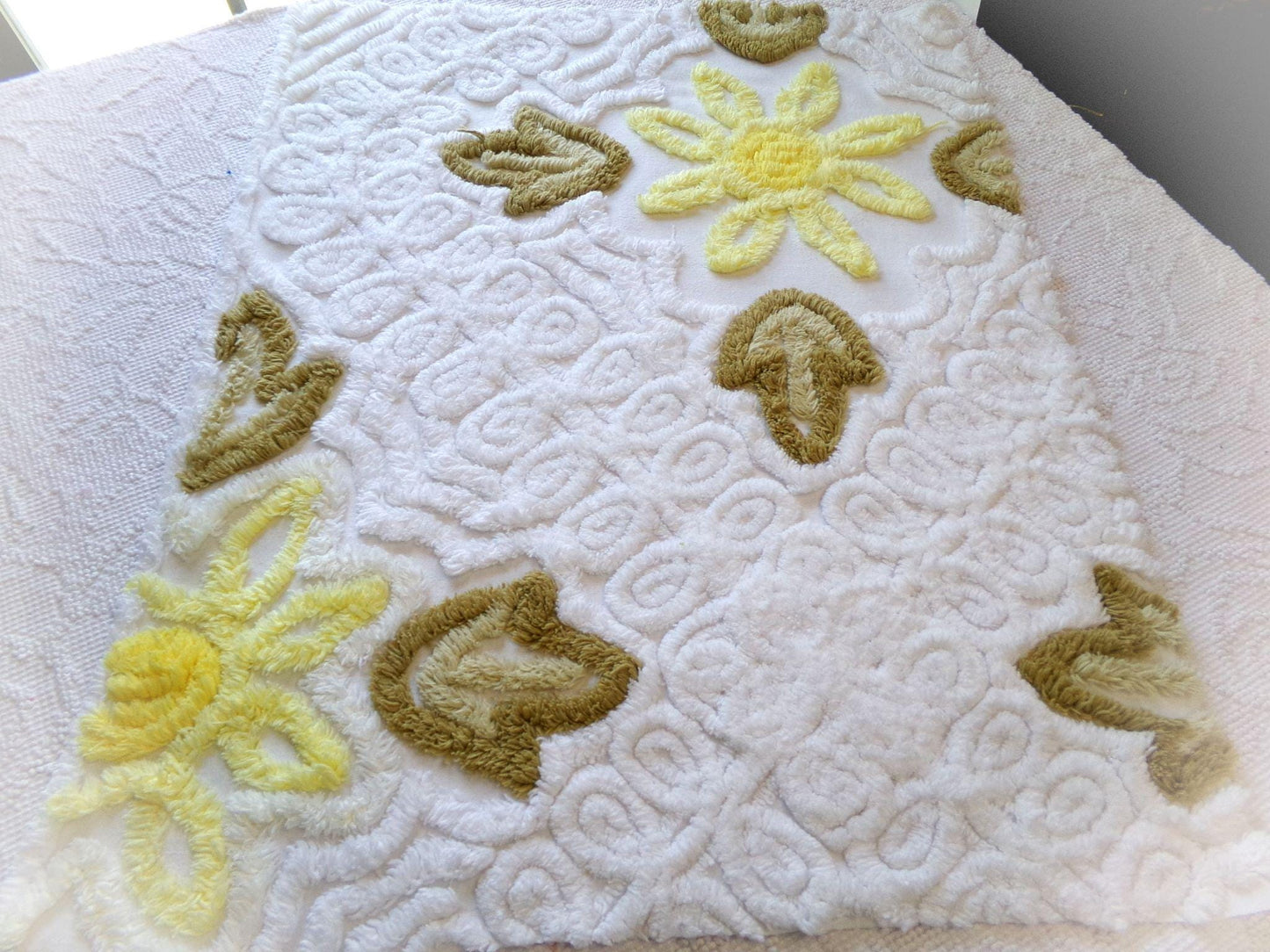 shabby sunflower vintage chenille fabric, 25" x 20" cut piece of quilt material for crafts, sewing