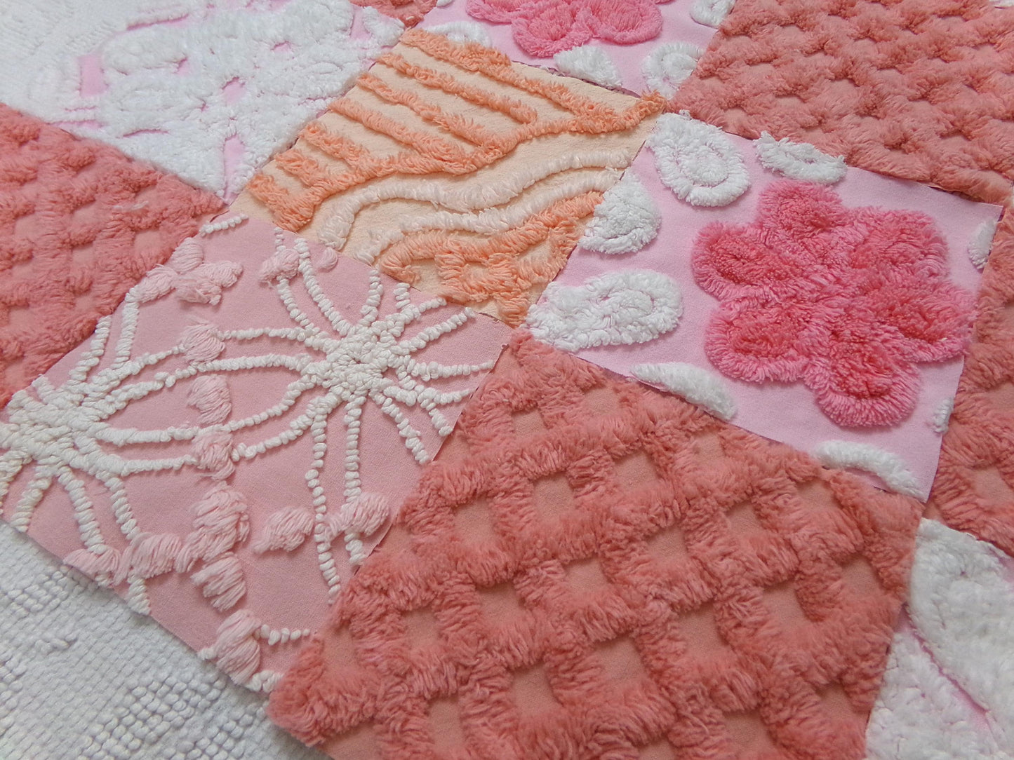 Strawberry Peach Vintage Chenille Fabric Squares Set, 16 Quilt Blocks, 6" x 6" inches each, for Quilting, Sewing, DIY Pillows