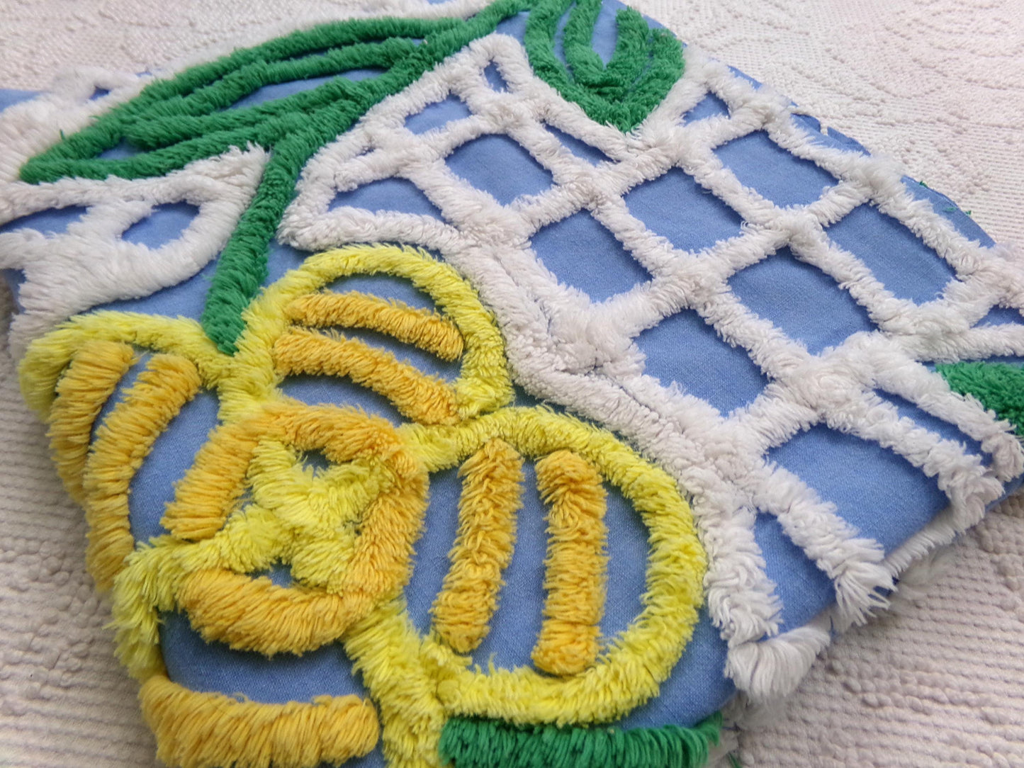 Vintage Blue Chenille Fabric, Yellow Flower on White Terrace Tuft, 22" x 23.5" Piece Sewing Quilt Material