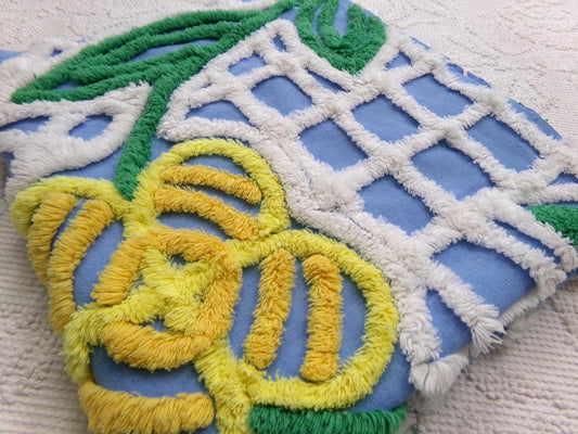 Vintage Blue Chenille Fabric, Yellow Flower on White Terrace Tuft, 22" x 23.5" Piece Sewing Quilt Material