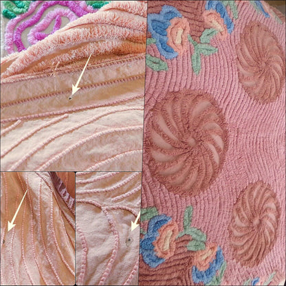 luscious plush vintage chenille bedspread in a pinwheel peach swirl floral design, antique full size bedding