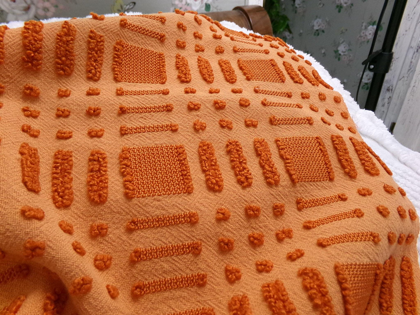 Pumpkin Spice Vintage Chenille Fabric 18x24" Piece Geometric Textured Material
