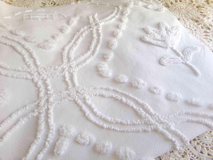 White Vintage Chenille Fabric, 24" x 26" Piece, Versatile Cottage Style Daisy Tulip Design, 100% Lightweight Cotton Quilt Material