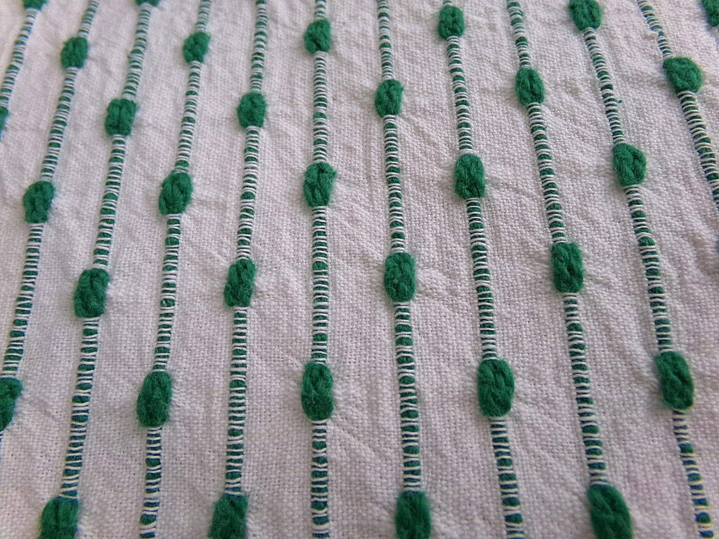vtg preppy fabric chenille raindrop dots green & white 20x25" piece