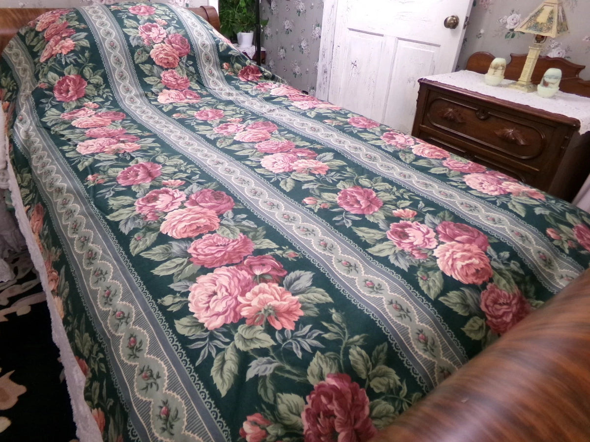 Vintage Rose Curtain Drapery Panel, Deep Green Lined SINGLE Window Drape 82"L