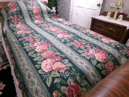 Vintage Rose Curtain Drapery Panel, Deep Green Lined SINGLE Window Drape 82"L