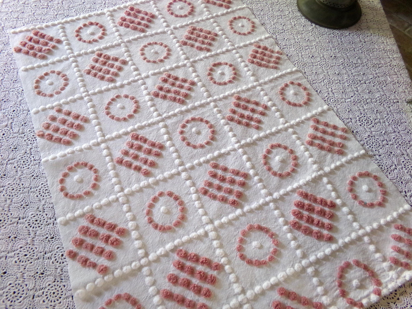 Checkerboard Circle Square Pops Chenille Fabric, 26" x 19" piece, Handmade Vintage Textile for Quilting, DIY Pillows, Fiber Arts & Crafts