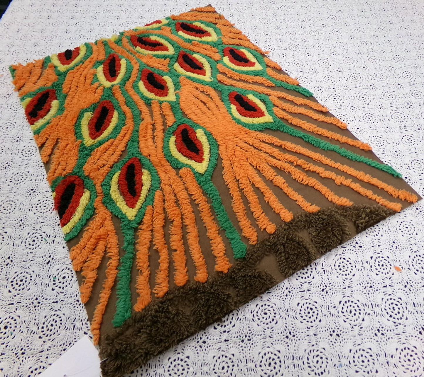peacock feathers vintage chenille bedspread fabric boho exotic plumes brown orange 14.5x19.5"