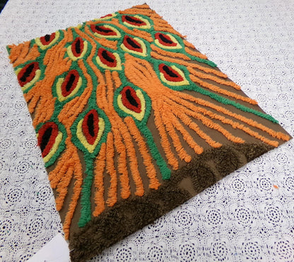 peacock feathers vintage chenille bedspread fabric boho exotic plumes brown orange 14.5x19.5"