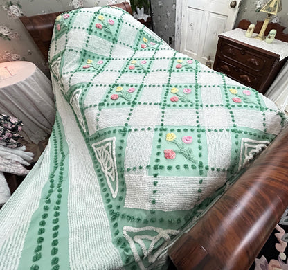 Mint Green Floral Vintage Chenille Bedspread, Cottage Garden Trellis Flowers, Full