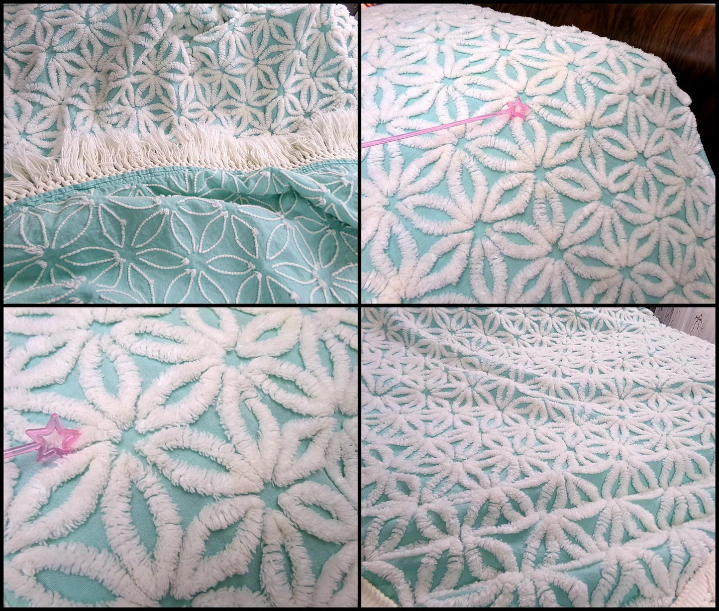 Vintage White Daisy Aqua Chenille Bedspread, Cottage Style Twin Size Bedding