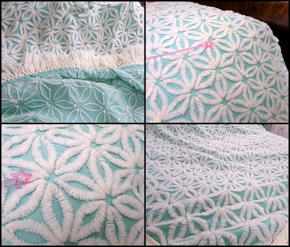 Vintage White Daisy Aqua Chenille Bedspread, Cottage Style Twin Size Bedding