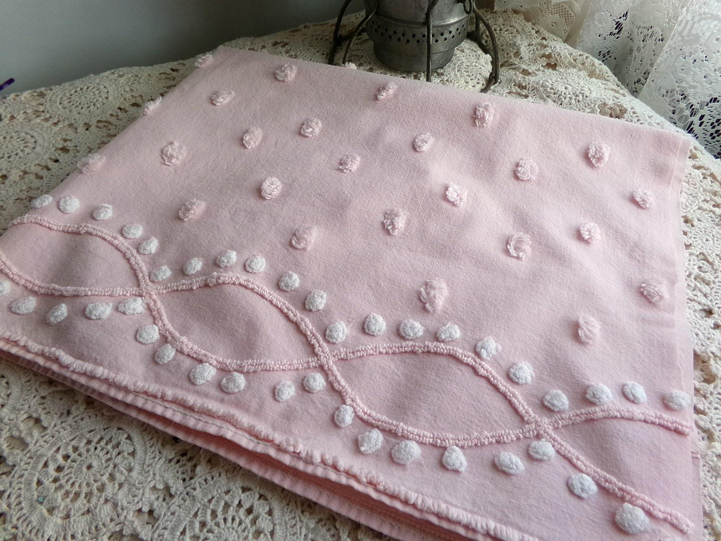 petal pink feminine chenille fabric, vintage sewing material with wideset pops & infinity link accents, lightweight 20" x 27" inch piece