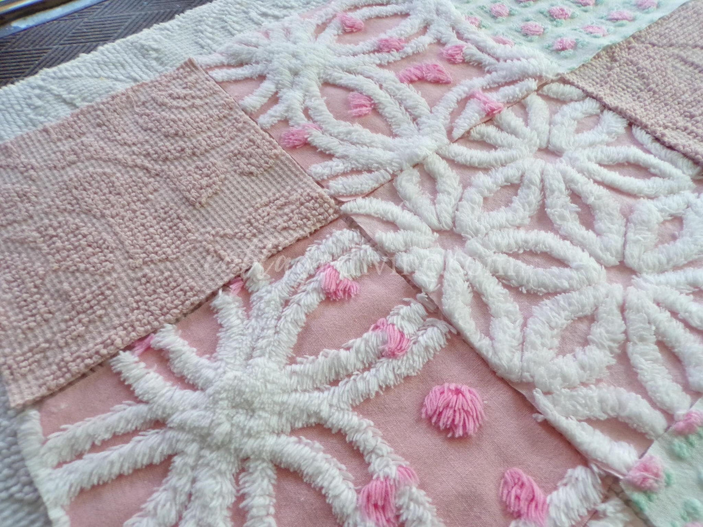 angel pink vintage chenille fabric squares, rosebuds, daisy patterns, set of 16 quilt blocks, 6" x 6" each, pretty in patchwork pillows