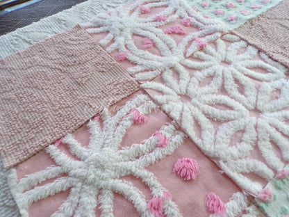 angel pink vintage chenille fabric squares, rosebuds, daisy patterns, set of 16 quilt blocks, 6" x 6" each, pretty in patchwork pillows