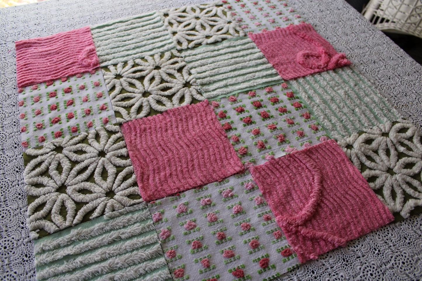 boho daisy rose vintage 6" chenille fabric squares, set of 16 textured quilt blocks in olive green, rosy pinks & white for sewing, crafts