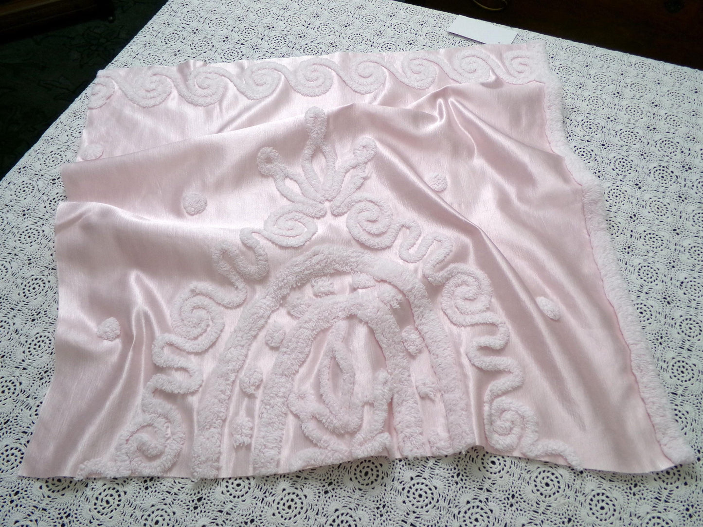 Romantic Pink Vintage Satin Chenille Fabric, Shabby Sewing Material 22" x 23" Piece