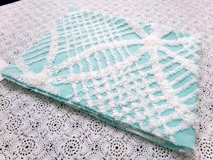 Aqua White Vintage Chenille Fabric 20x24" Geometric Quilt Material