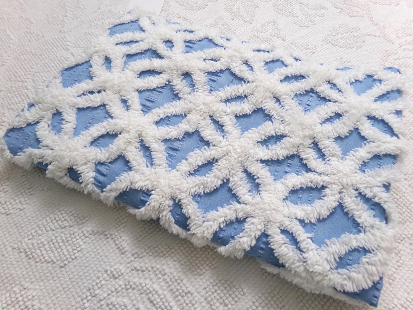 Vintage Blue & White Chenille Fabric, Snowflakes in the Sky, Quilt Material 18" x 24" Piece