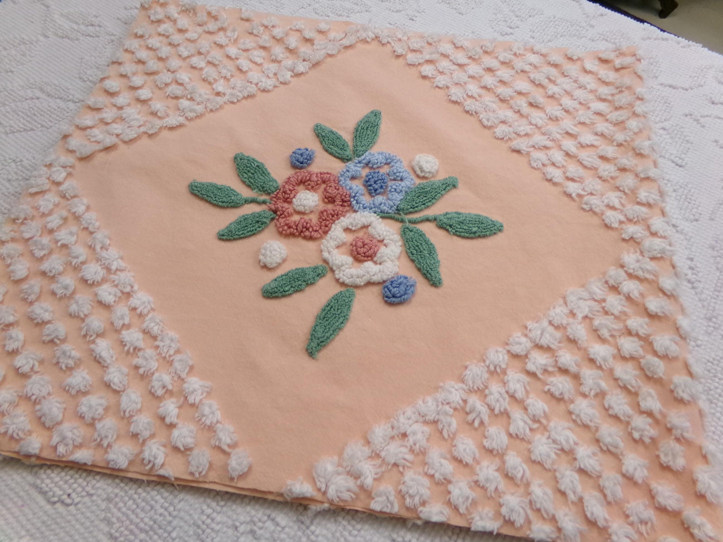 Peach Wildflower Vintage Chenille Bedspread Fabric, 15" x 33" Piece Sewing & Quilt Material