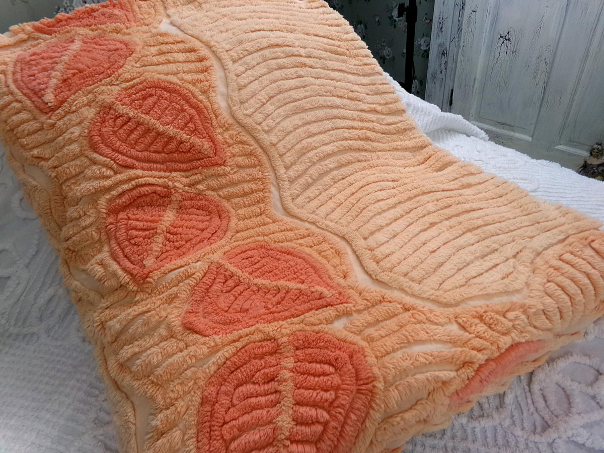 Boho Falling Leaves Vintage Chenille Bedspread, Apricot Peach Twin Size