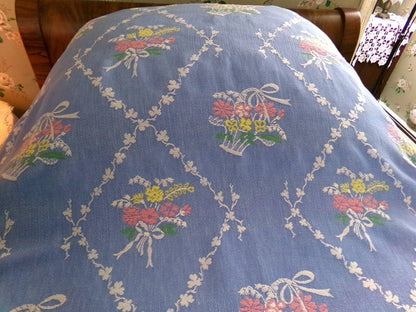 shabby cottage style vintage woven bedspread, fieldcrest blue floral twin coverlet