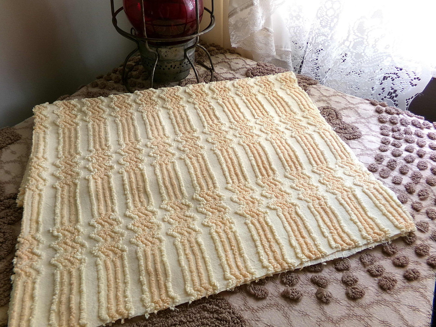cosmic vintage chenille fabric in fantastic yellow lightning strike pattern, 16" x 27" cut fabric piece w/ needletuft zig zag zaps