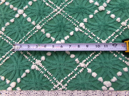 Green White Vintage Chenille Bedspread Fabric 20x24" Spider Tuft Pops Quilting Material