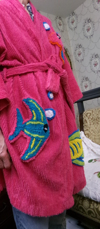 Canyon Group Vintage Chenille Robe, Pink Tropical Fish Short Beach Coverup Bathrobe Kimono Sleeves, M/L