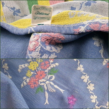 shabby cottage style vintage woven bedspread, fieldcrest blue floral twin coverlet