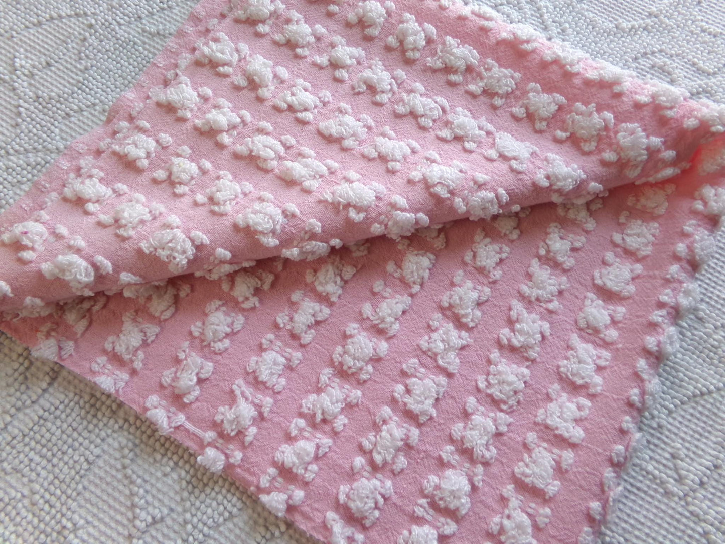 Carnation Pink White Rosebud Vintage Chenille Fabric, Soft Ombre Variations 18" x 25"