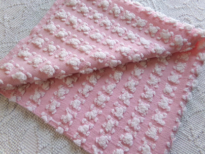 Carnation Pink White Rosebud Vintage Chenille Fabric, Soft Ombre Variations 18" x 25"