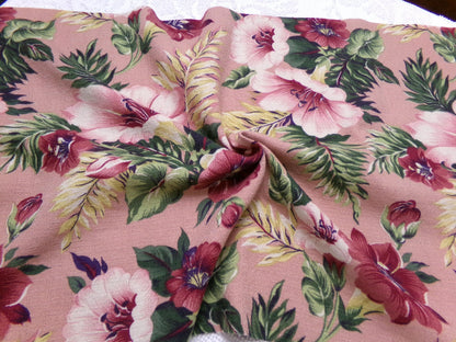 Vintage Barkcloth Fabric Mauve Tropical Hibiscus Floral Island Cottage Shabby 17x36"