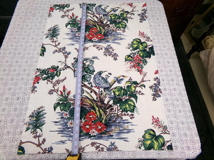 Vintage Barkcloth Fabric Panel Paloma Exotic Bird & Floral Botanical Print, 20x30"