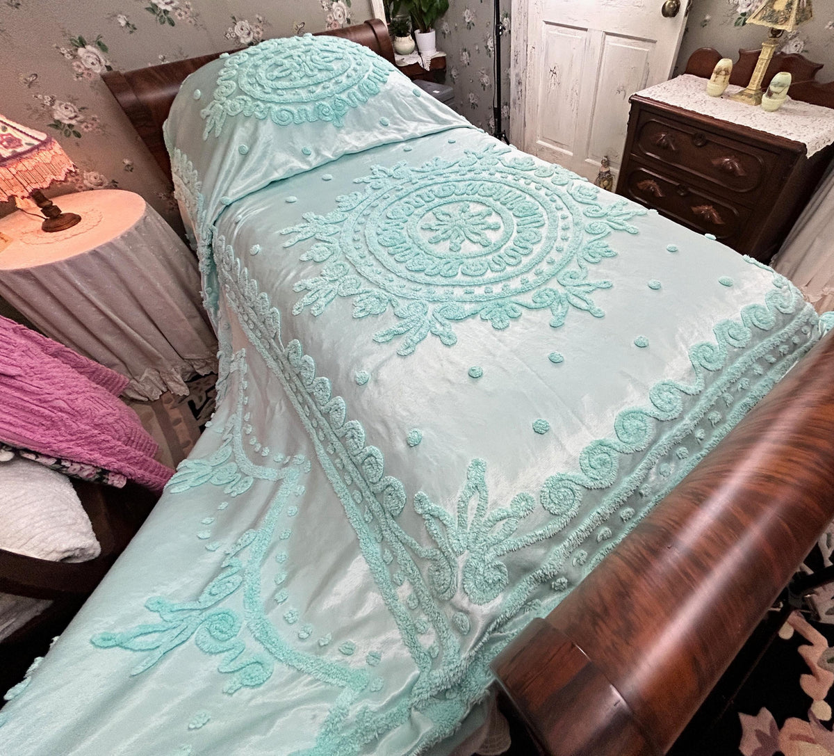 Seafoam Vintage Satin Bedspread Aqua Glamour Tufted Chenille Full Sz
