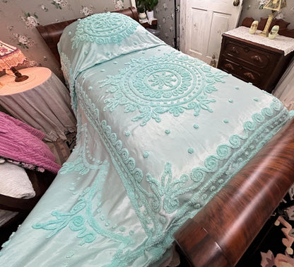 Seafoam Vintage Satin Bedspread Aqua Glamour Tufted Chenille Full Sz