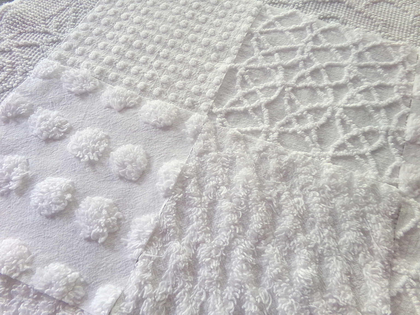 Snow White 6" Chenille Fabric Squares, Set of 16 Quilt Blocks, Classic Dots, Pops, Diamond patterns cut from vintage chenille bedspreads