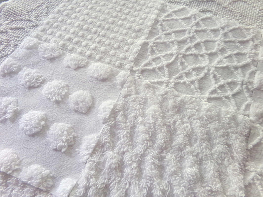 Snow White 6" Chenille Fabric Squares, Set of 16 Quilt Blocks, Classic Dots, Pops, Diamond patterns cut from vintage chenille bedspreads